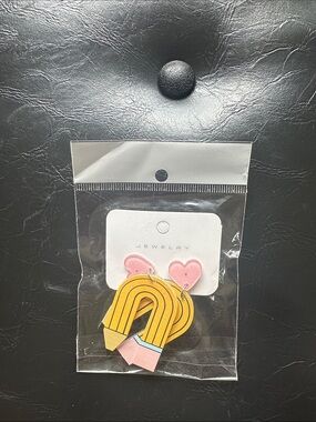 🌹3 for $10 Teacher Yellow Pencil Rainbow Earrings with Pink Heart Studs